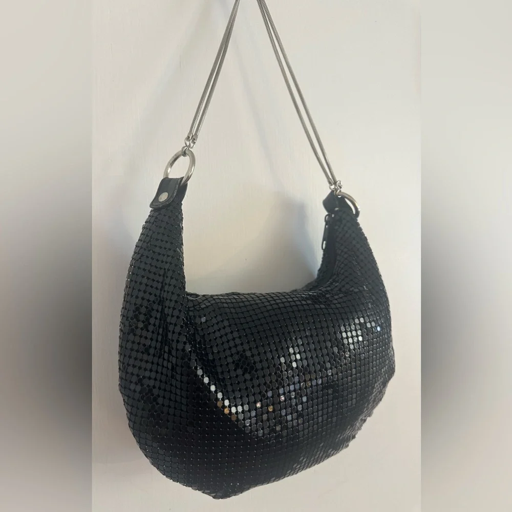 Vtg Y2K 90s Sequin Black Slouch Hobo Bag Purse Snake Metal Straps Bling Disco